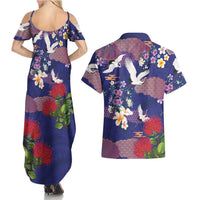 Hawaiian and Japanese Culture Together Couples Matching Summer Maxi Dress and Hawaiian Shirt Blue Ohia Lehua Plumeria and Sakura Blooming - Polynesian Pride