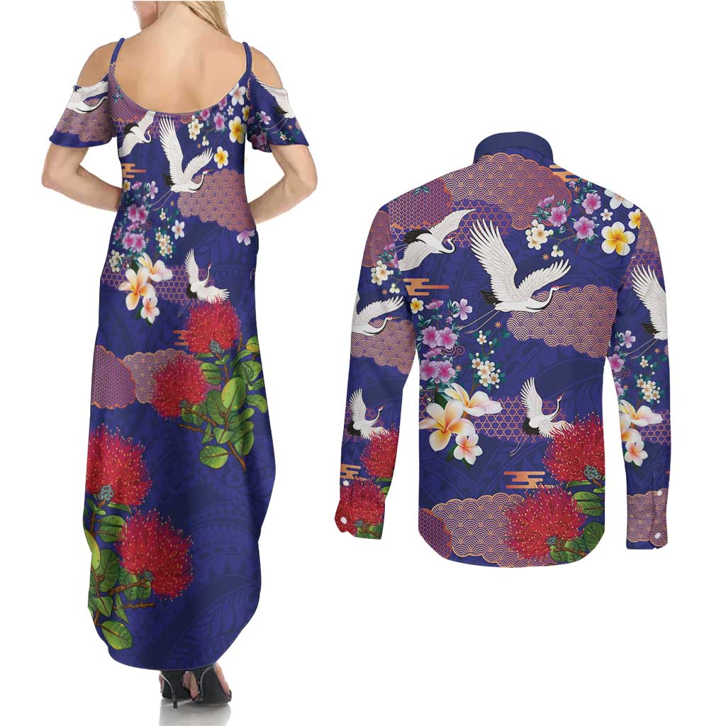 Hawaiian and Japanese Culture Together Couples Matching Summer Maxi Dress and Long Sleeve Button Shirt Blue Ohia Lehua Plumeria and Sakura Blooming - Polynesian Pride