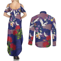 Hawaiian and Japanese Culture Together Couples Matching Summer Maxi Dress and Long Sleeve Button Shirt Blue Ohia Lehua Plumeria and Sakura Blooming - Polynesian Pride