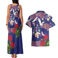Hawaiian and Japanese Culture Together Couples Matching Tank Maxi Dress and Hawaiian Shirt Blue Ohia Lehua Plumeria and Sakura Blooming - Polynesian Pride