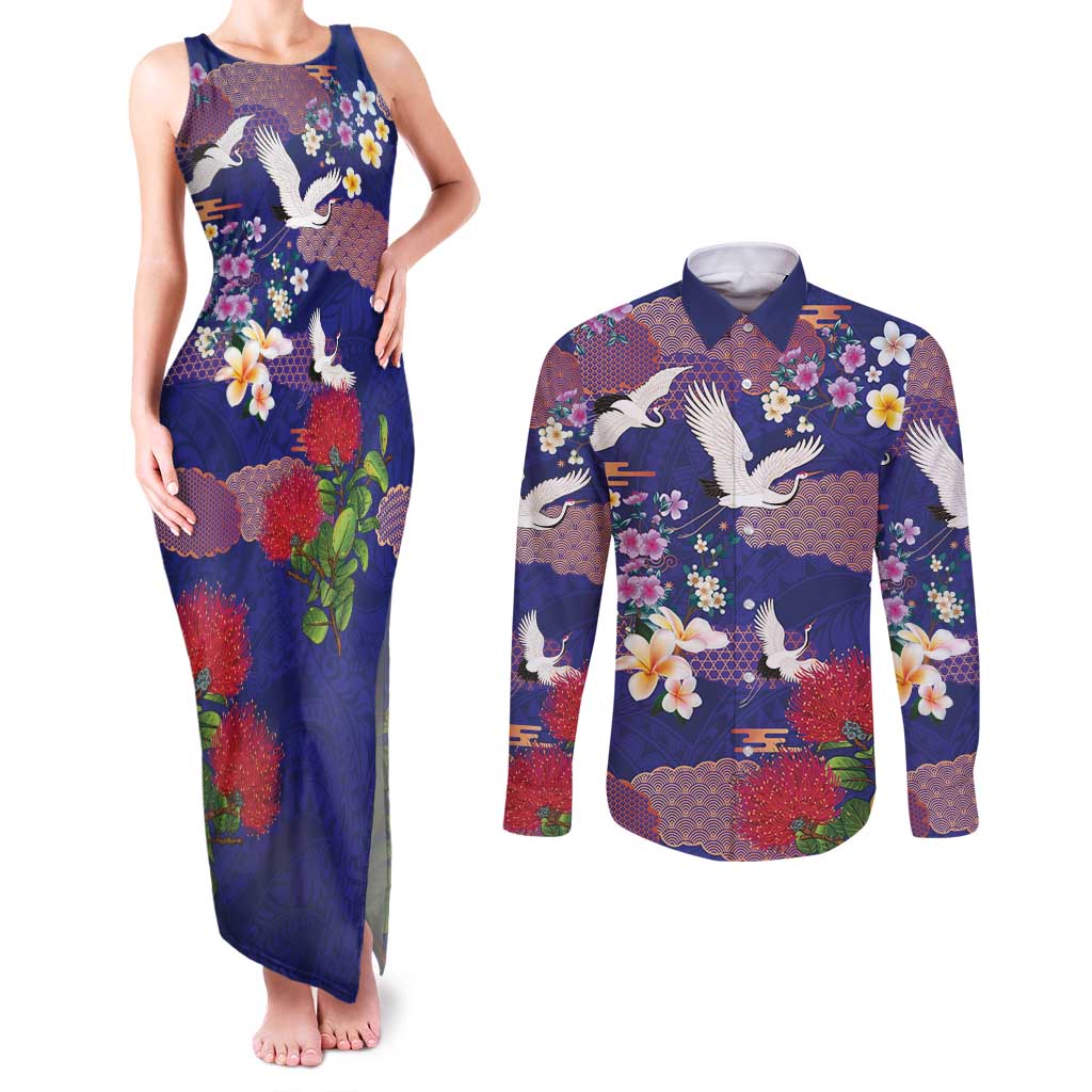 Hawaiian and Japanese Culture Together Couples Matching Tank Maxi Dress and Long Sleeve Button Shirt Blue Ohia Lehua Plumeria and Sakura Blooming - Polynesian Pride