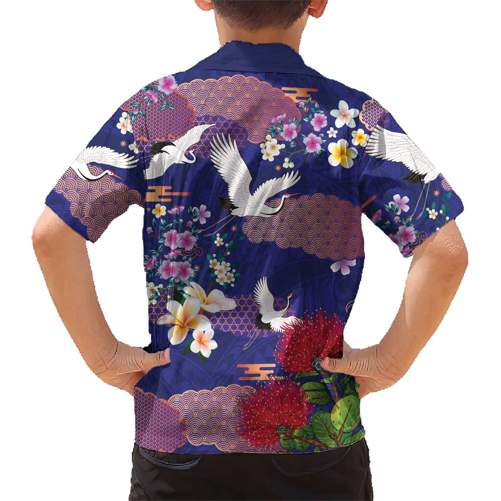 Hawaiian and Japanese Culture Together Family Matching Long Sleeve Bodycon Dress and Hawaiian Shirt Blue Ohia Lehua Plumeria and Sakura Blooming LT03 - Polynesian Pride