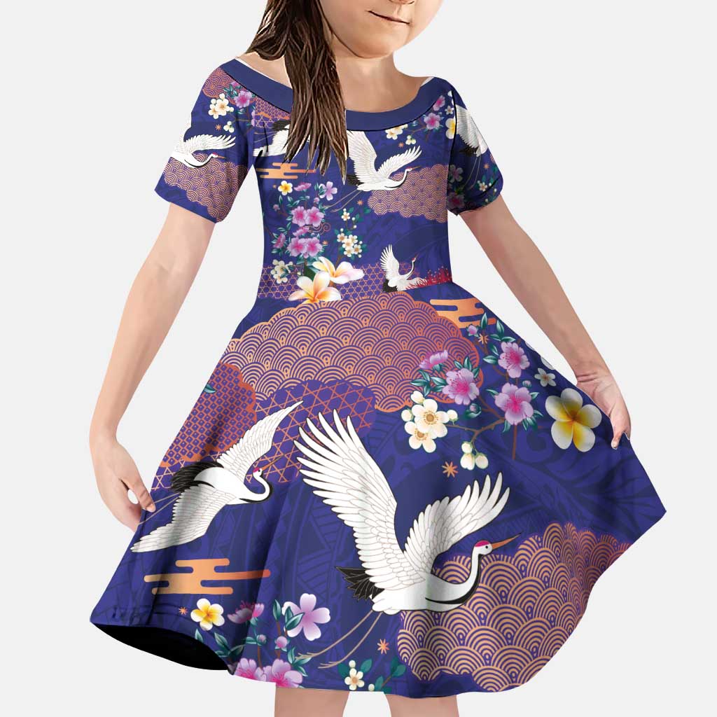 Hawaiian and Japanese Culture Together Family Matching Long Sleeve Bodycon Dress and Hawaiian Shirt Blue Ohia Lehua Plumeria and Sakura Blooming LT03 Daughter's Dress Blue - Polynesian Pride