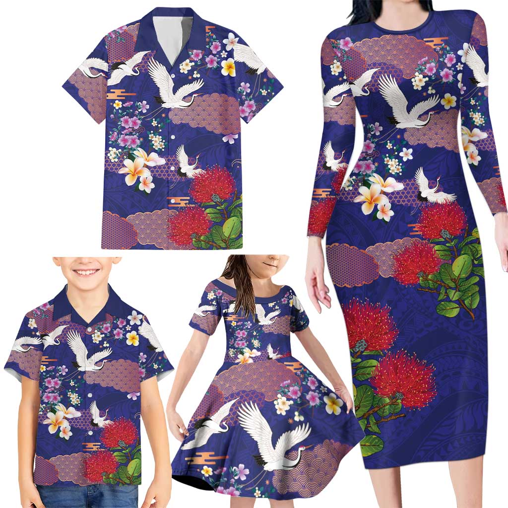Hawaiian and Japanese Culture Together Family Matching Long Sleeve Bodycon Dress and Hawaiian Shirt Blue Ohia Lehua Plumeria and Sakura Blooming LT03 - Polynesian Pride