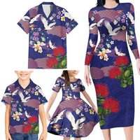 Hawaiian and Japanese Culture Together Family Matching Long Sleeve Bodycon Dress and Hawaiian Shirt Blue Ohia Lehua Plumeria and Sakura Blooming LT03 - Polynesian Pride