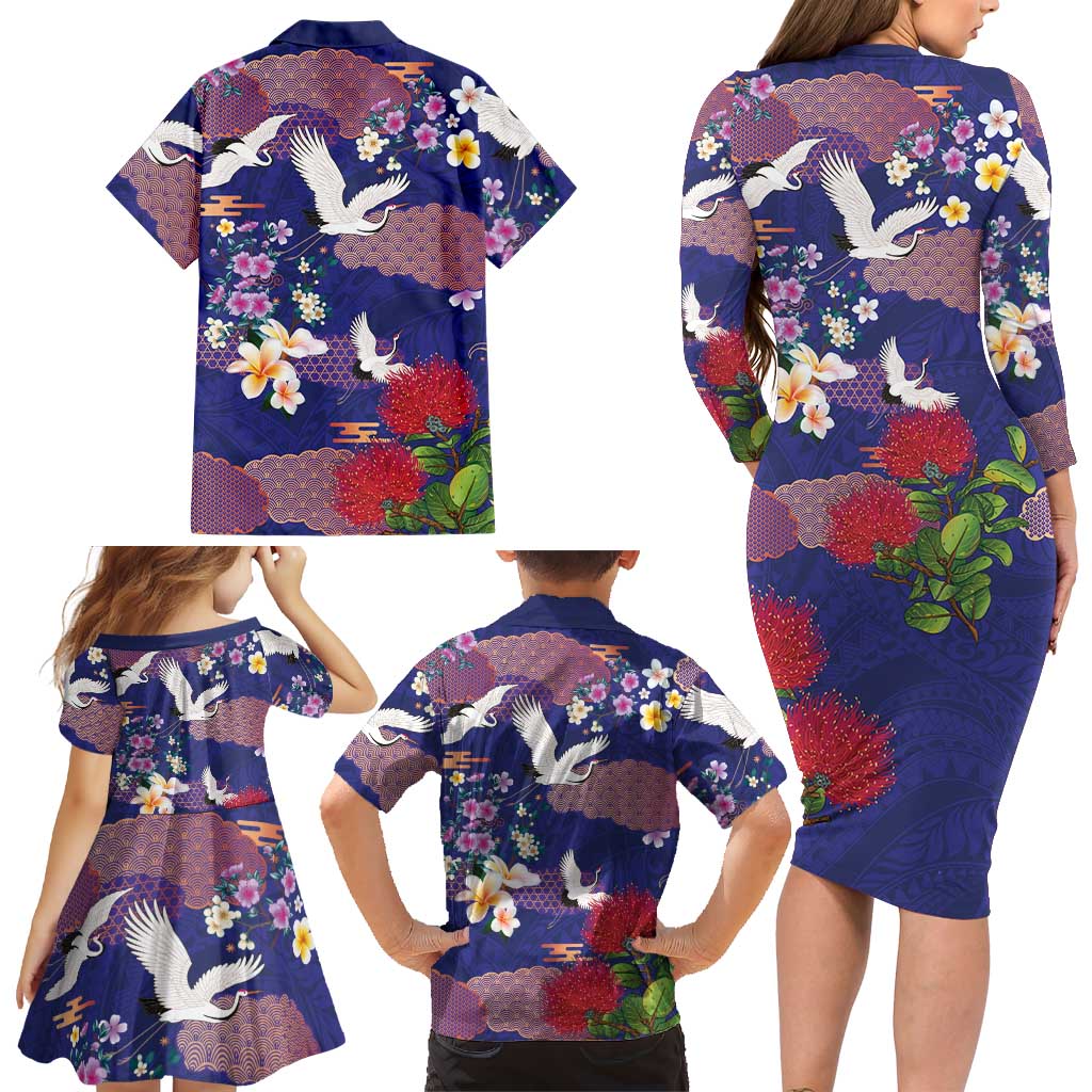 Hawaiian and Japanese Culture Together Family Matching Long Sleeve Bodycon Dress and Hawaiian Shirt Blue Ohia Lehua Plumeria and Sakura Blooming LT03 - Polynesian Pride