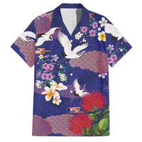 Hawaiian and Japanese Culture Together Family Matching Long Sleeve Bodycon Dress and Hawaiian Shirt Blue Ohia Lehua Plumeria and Sakura Blooming LT03 Dad's Shirt - Short Sleeve Blue - Polynesian Pride