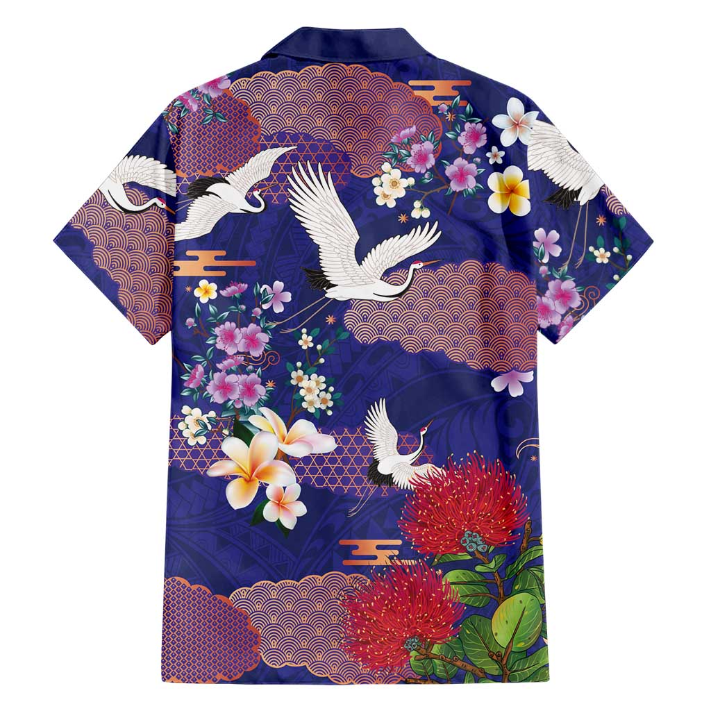 Hawaiian and Japanese Culture Together Family Matching Long Sleeve Bodycon Dress and Hawaiian Shirt Blue Ohia Lehua Plumeria and Sakura Blooming LT03 - Polynesian Pride