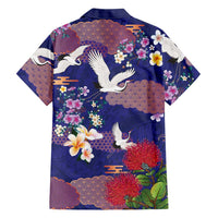 Hawaiian and Japanese Culture Together Family Matching Long Sleeve Bodycon Dress and Hawaiian Shirt Blue Ohia Lehua Plumeria and Sakura Blooming LT03 - Polynesian Pride