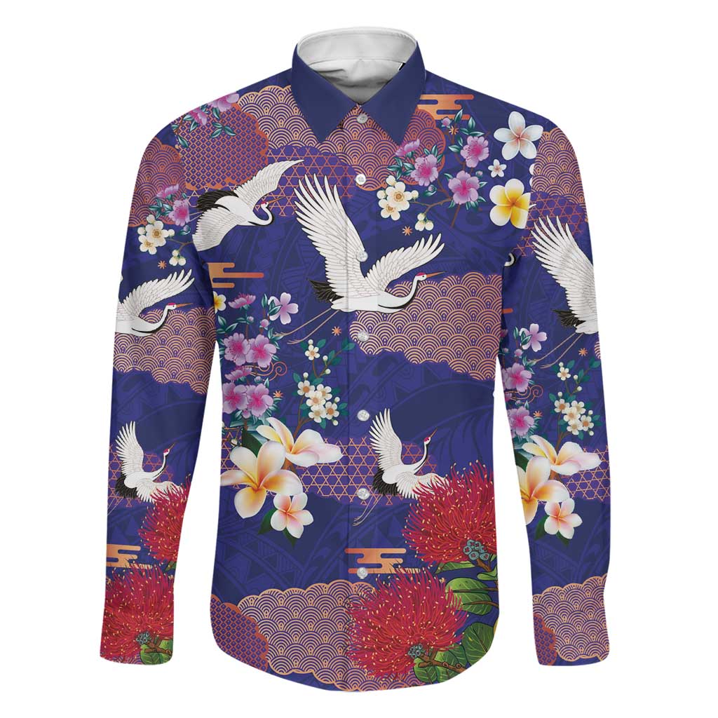 Hawaiian and Japanese Culture Together Family Matching Long Sleeve Bodycon Dress and Hawaiian Shirt Blue Ohia Lehua Plumeria and Sakura Blooming LT03 Dad's Shirt - Long Sleeve Blue - Polynesian Pride