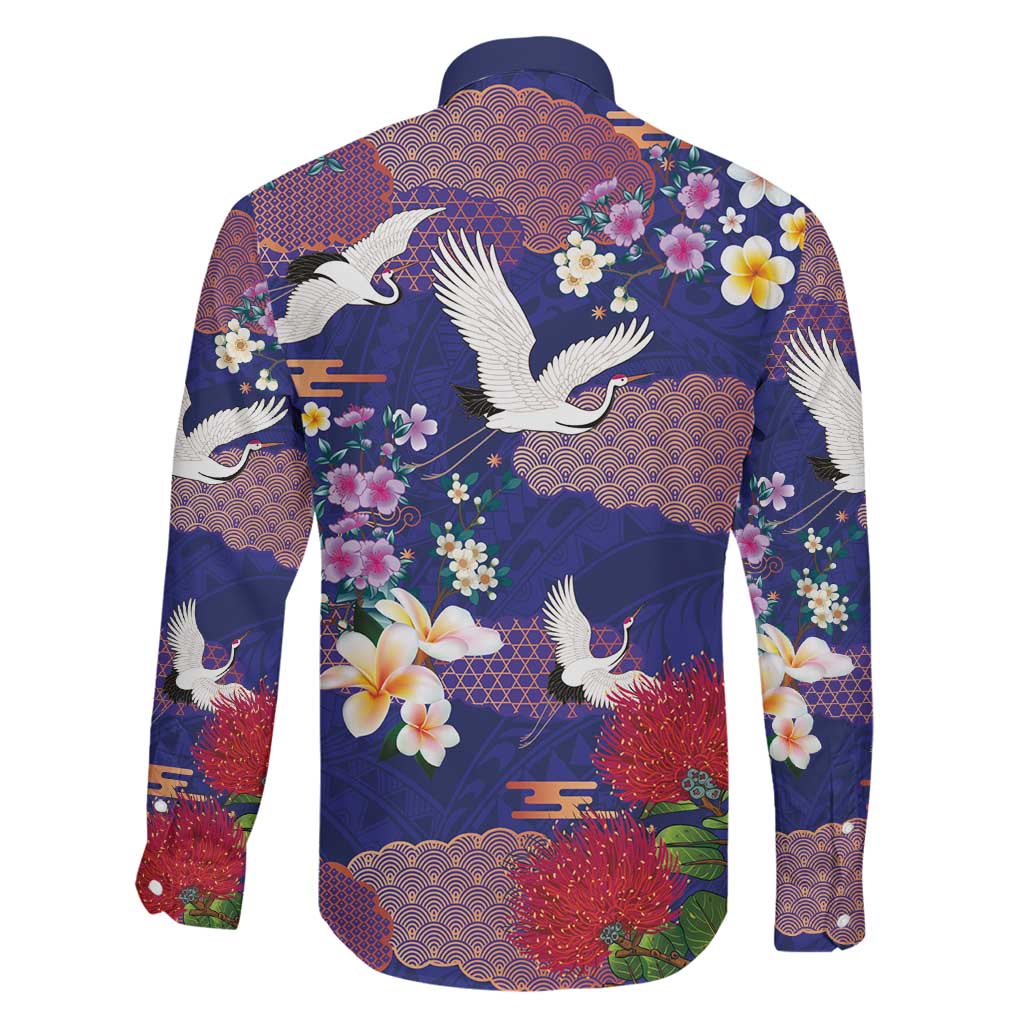Hawaiian and Japanese Culture Together Family Matching Long Sleeve Bodycon Dress and Hawaiian Shirt Blue Ohia Lehua Plumeria and Sakura Blooming LT03 - Polynesian Pride