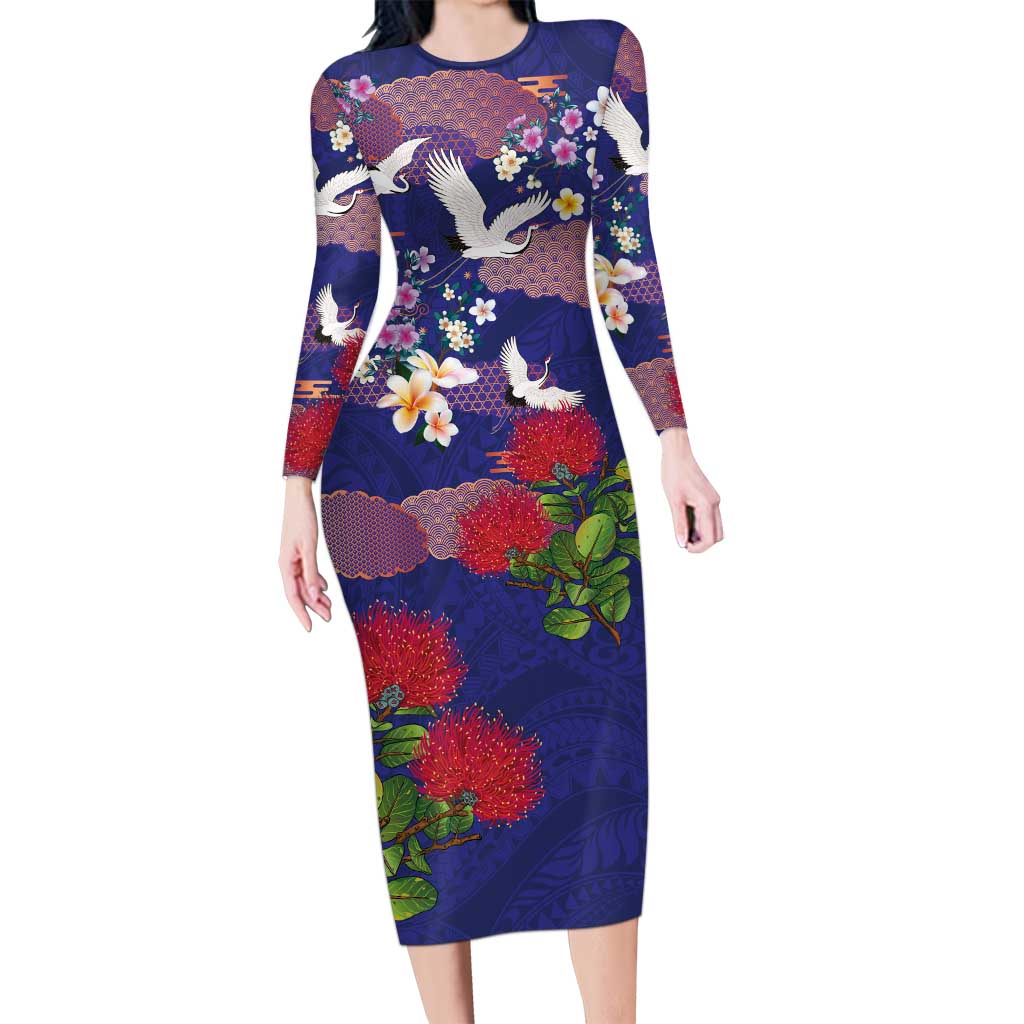 Hawaiian and Japanese Culture Together Family Matching Long Sleeve Bodycon Dress and Hawaiian Shirt Blue Ohia Lehua Plumeria and Sakura Blooming LT03 Mom's Dress Blue - Polynesian Pride
