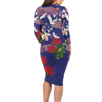 Hawaiian and Japanese Culture Together Family Matching Long Sleeve Bodycon Dress and Hawaiian Shirt Blue Ohia Lehua Plumeria and Sakura Blooming LT03 - Polynesian Pride