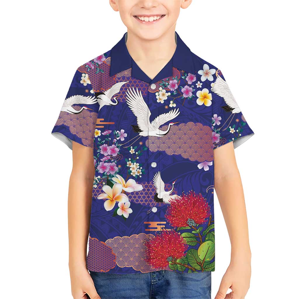 Hawaiian and Japanese Culture Together Family Matching Long Sleeve Bodycon Dress and Hawaiian Shirt Blue Ohia Lehua Plumeria and Sakura Blooming LT03 Son's Shirt Blue - Polynesian Pride