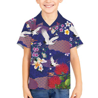 Hawaiian and Japanese Culture Together Family Matching Long Sleeve Bodycon Dress and Hawaiian Shirt Blue Ohia Lehua Plumeria and Sakura Blooming LT03 Son's Shirt Blue - Polynesian Pride