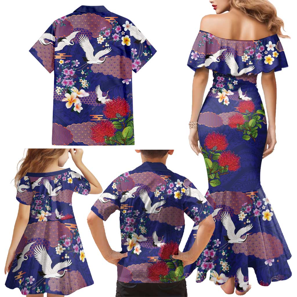 Hawaiian and Japanese Culture Together Family Matching Mermaid Dress and Hawaiian Shirt Blue Ohia Lehua Plumeria and Sakura Blooming - Polynesian Pride