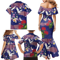 Hawaiian and Japanese Culture Together Family Matching Mermaid Dress and Hawaiian Shirt Blue Ohia Lehua Plumeria and Sakura Blooming - Polynesian Pride