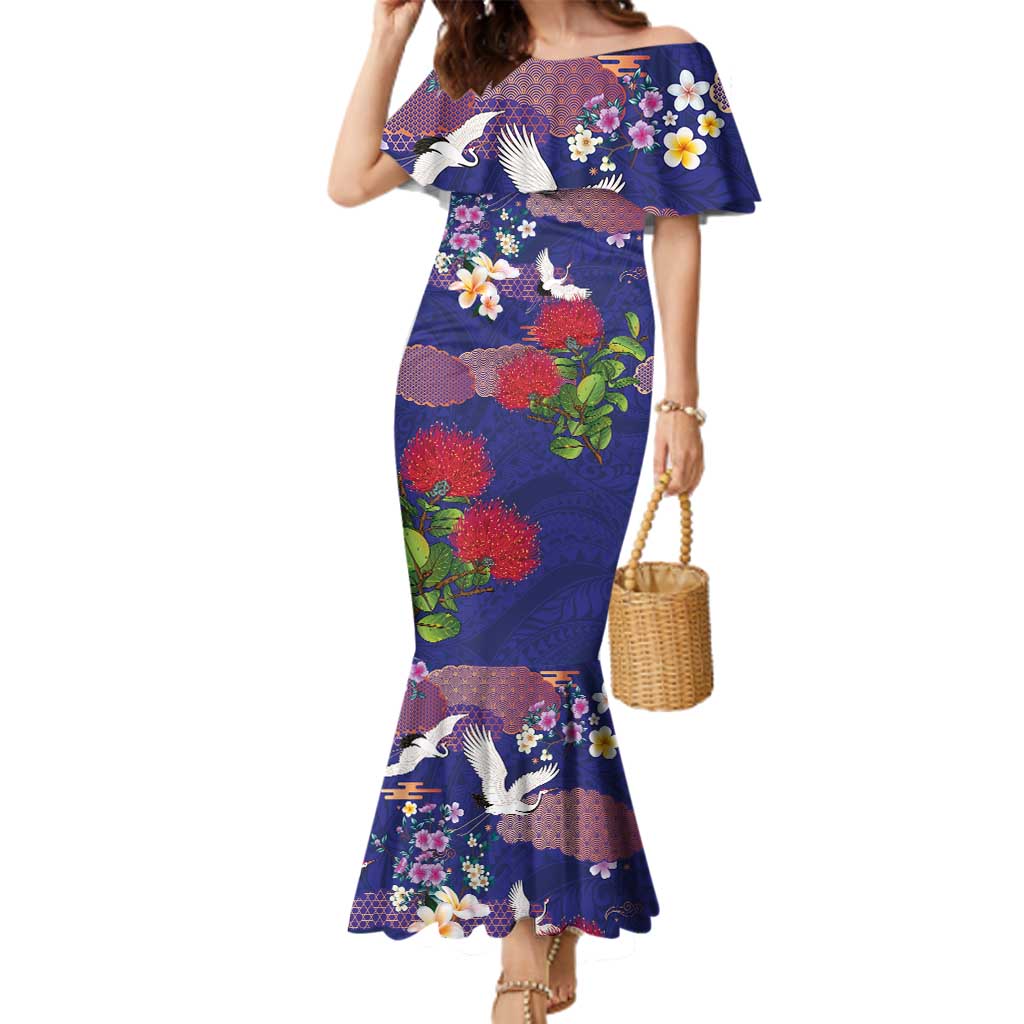 Hawaiian and Japanese Culture Together Family Matching Mermaid Dress and Hawaiian Shirt Blue Ohia Lehua Plumeria and Sakura Blooming - Polynesian Pride