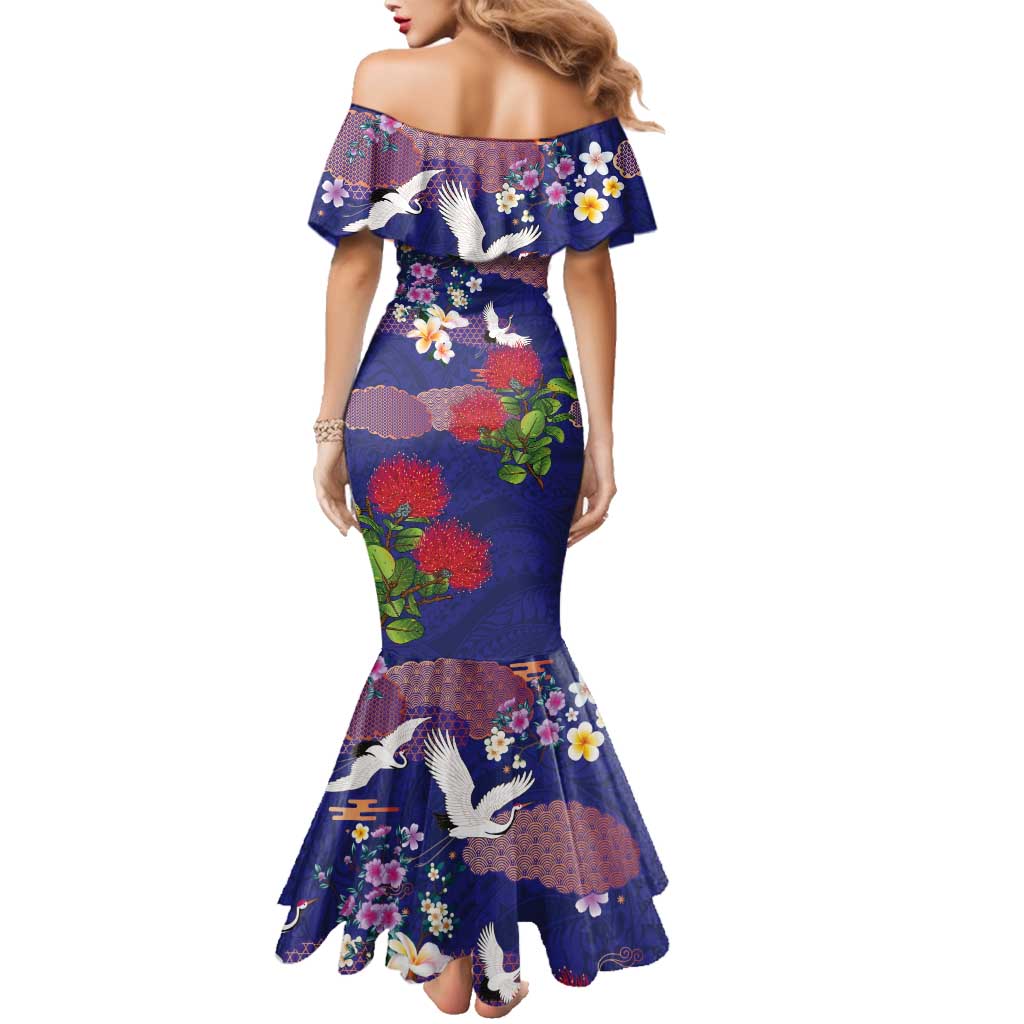 Hawaiian and Japanese Culture Together Family Matching Mermaid Dress and Hawaiian Shirt Blue Ohia Lehua Plumeria and Sakura Blooming - Polynesian Pride