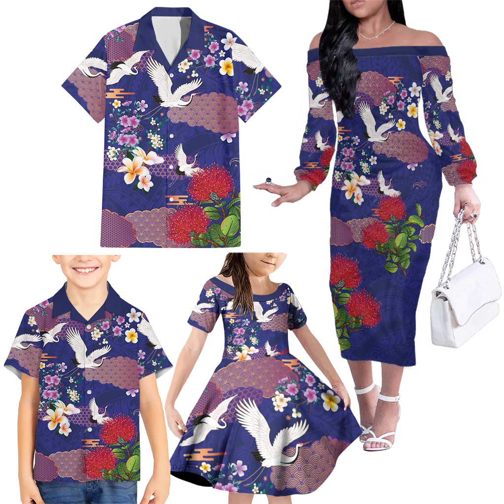 Hawaiian and Japanese Culture Together Family Matching Off The Shoulder Long Sleeve Dress and Hawaiian Shirt Blue Ohia Lehua Plumeria and Sakura Blooming - Polynesian Pride