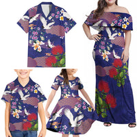 Hawaiian and Japanese Culture Together Family Matching Off Shoulder Maxi Dress and Hawaiian Shirt Blue Ohia Lehua Plumeria and Sakura Blooming - Polynesian Pride
