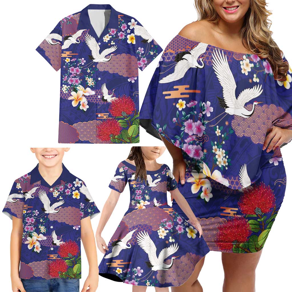Hawaiian and Japanese Culture Together Family Matching Off Shoulder Short Dress and Hawaiian Shirt Blue Ohia Lehua Plumeria and Sakura Blooming - Polynesian Pride
