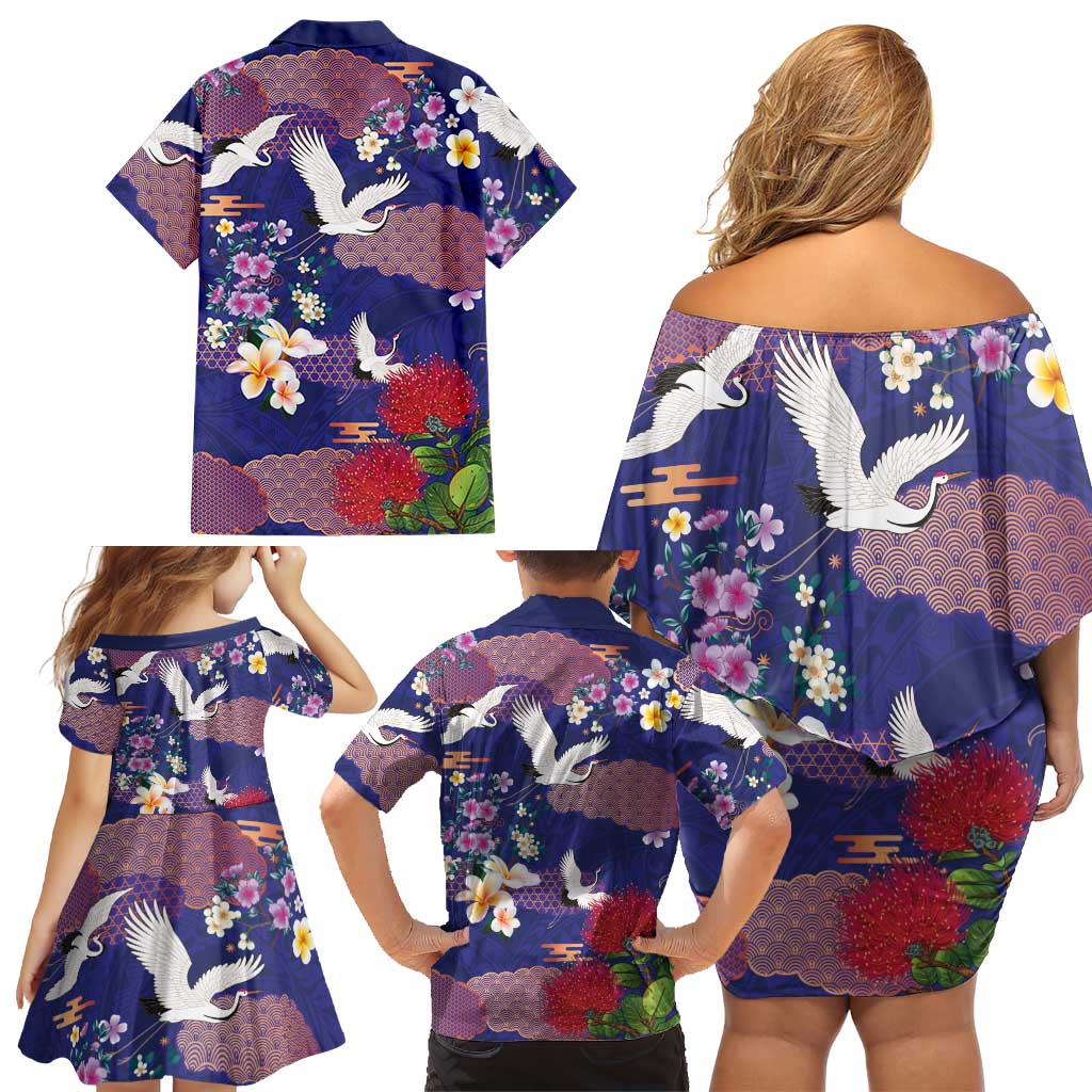 Hawaiian and Japanese Culture Together Family Matching Off Shoulder Short Dress and Hawaiian Shirt Blue Ohia Lehua Plumeria and Sakura Blooming - Polynesian Pride