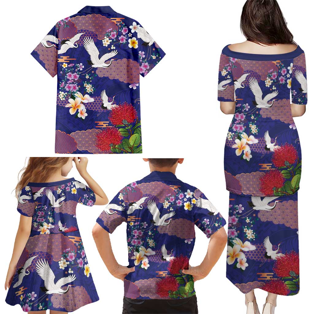 Hawaiian and Japanese Culture Together Family Matching Puletasi and Hawaiian Shirt Blue Ohia Lehua Plumeria and Sakura Blooming - Polynesian Pride