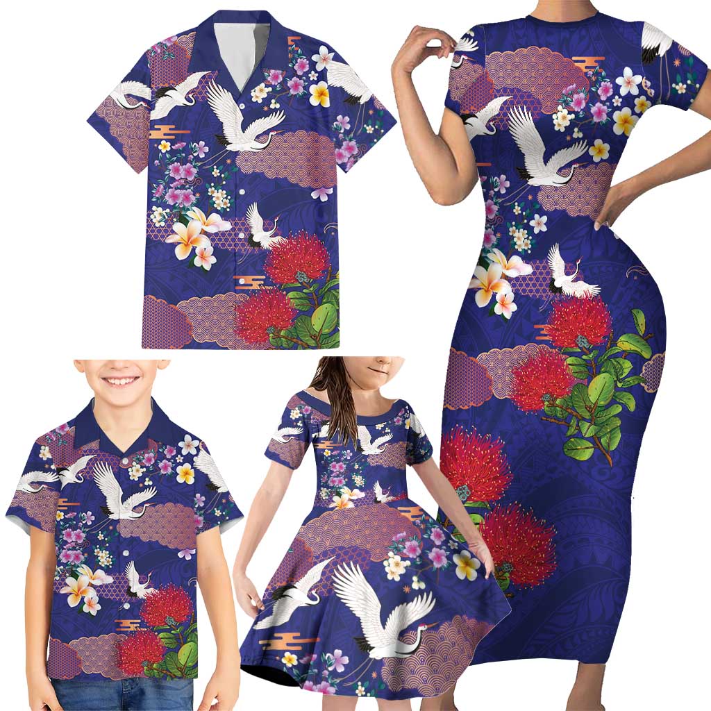 Hawaiian and Japanese Culture Together Family Matching Short Sleeve Bodycon Dress and Hawaiian Shirt Blue Ohia Lehua Plumeria and Sakura Blooming - Polynesian Pride