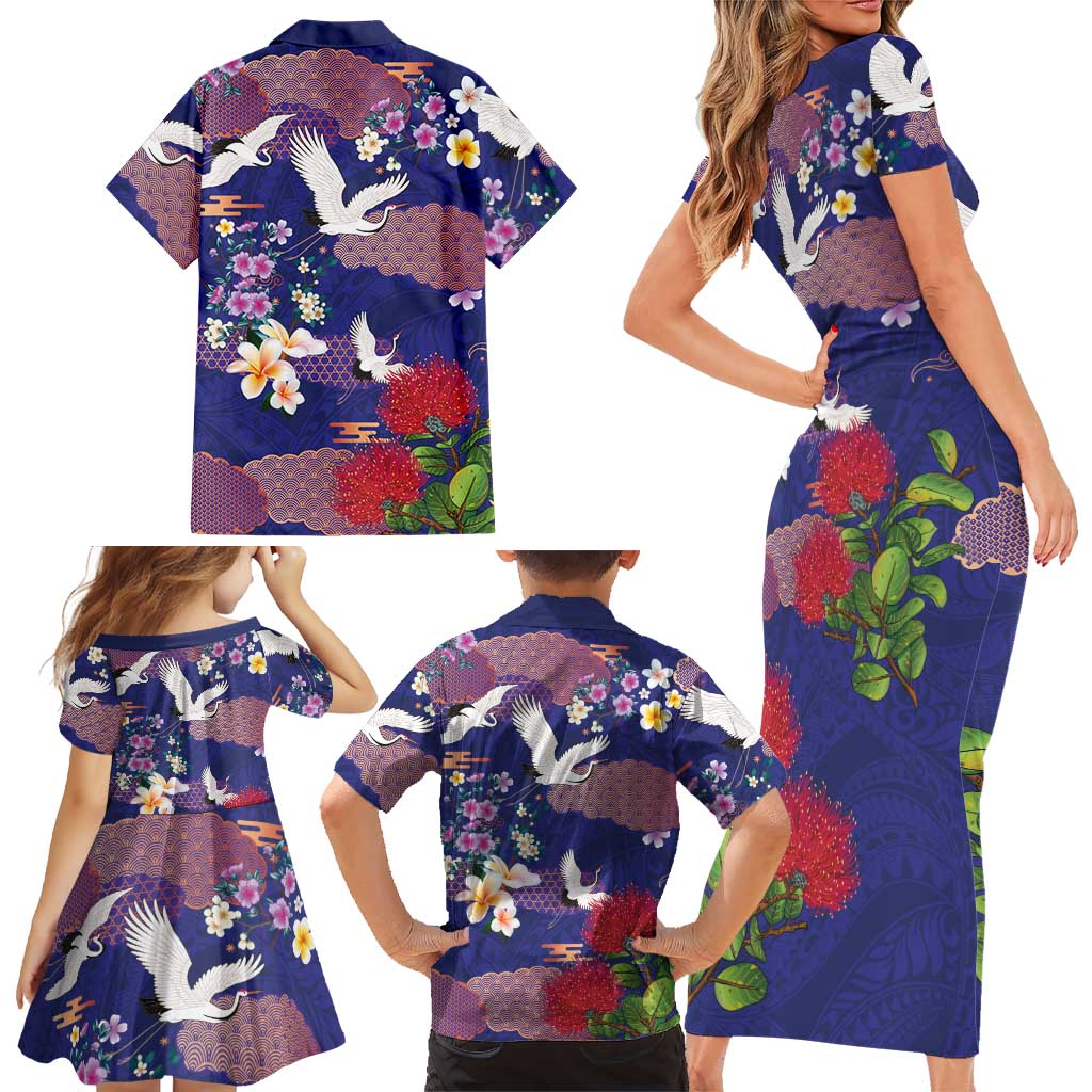 Hawaiian and Japanese Culture Together Family Matching Short Sleeve Bodycon Dress and Hawaiian Shirt Blue Ohia Lehua Plumeria and Sakura Blooming - Polynesian Pride
