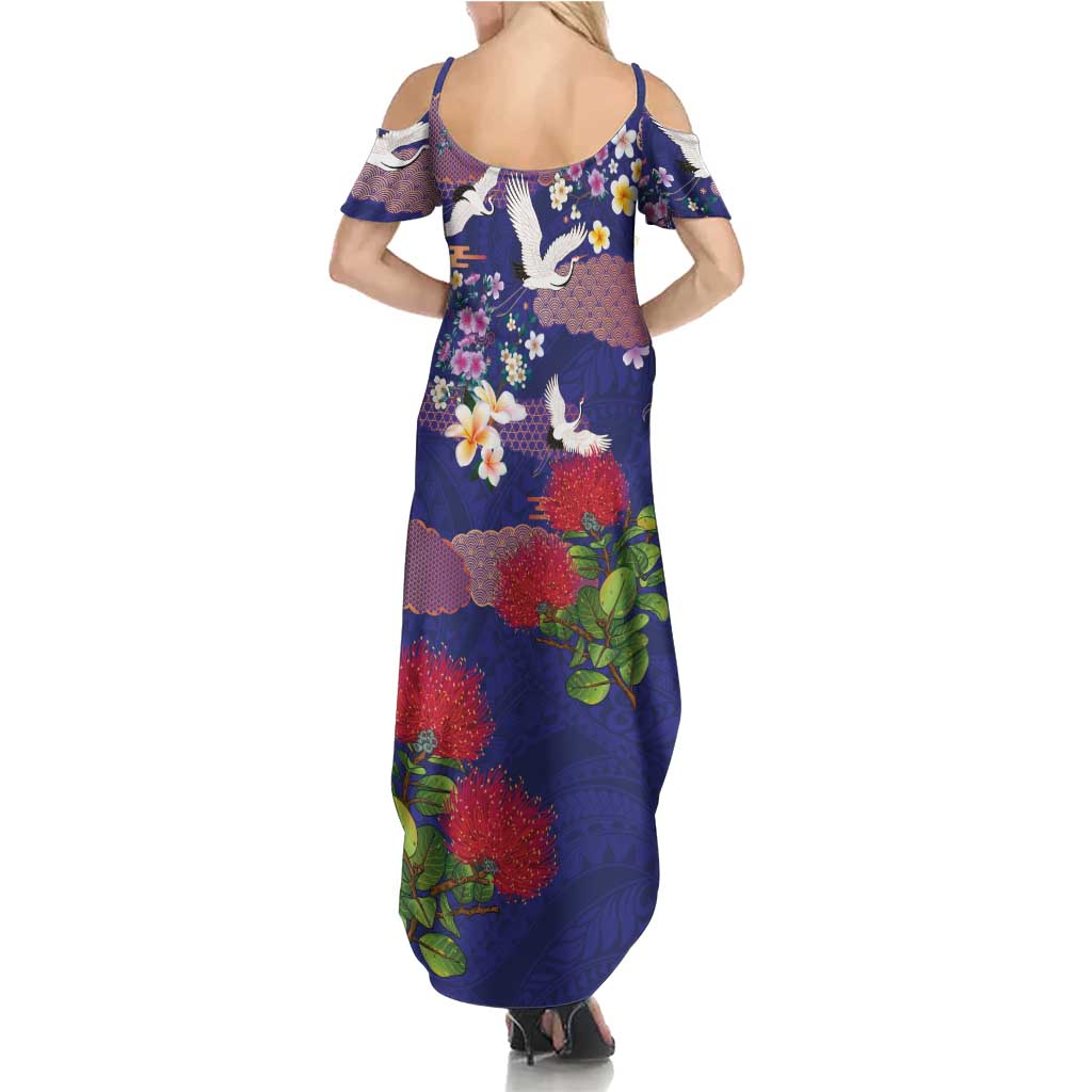 Hawaiian and Japanese Culture Together Family Matching Summer Maxi Dress and Hawaiian Shirt Blue Ohia Lehua Plumeria and Sakura Blooming - Polynesian Pride