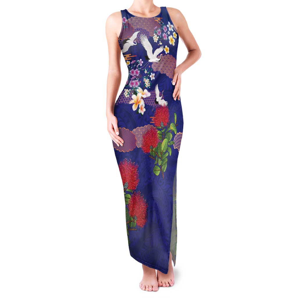 Hawaiian and Japanese Culture Together Family Matching Tank Maxi Dress and Hawaiian Shirt Blue Ohia Lehua Plumeria and Sakura Blooming - Polynesian Pride
