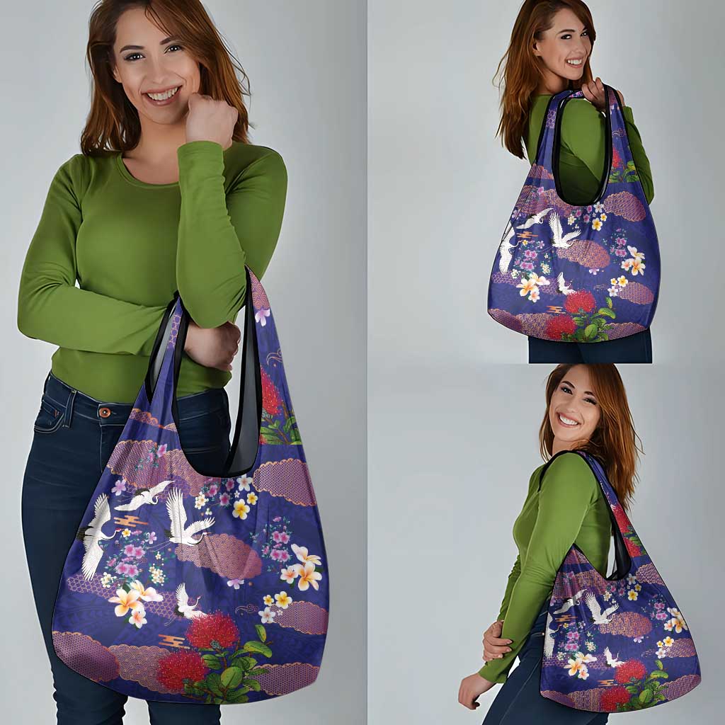 Hawaiian and Japanese Culture Together Grocery Bag Blue Ohia Lehua Plumeria and Sakura Blooming - Polynesian Pride