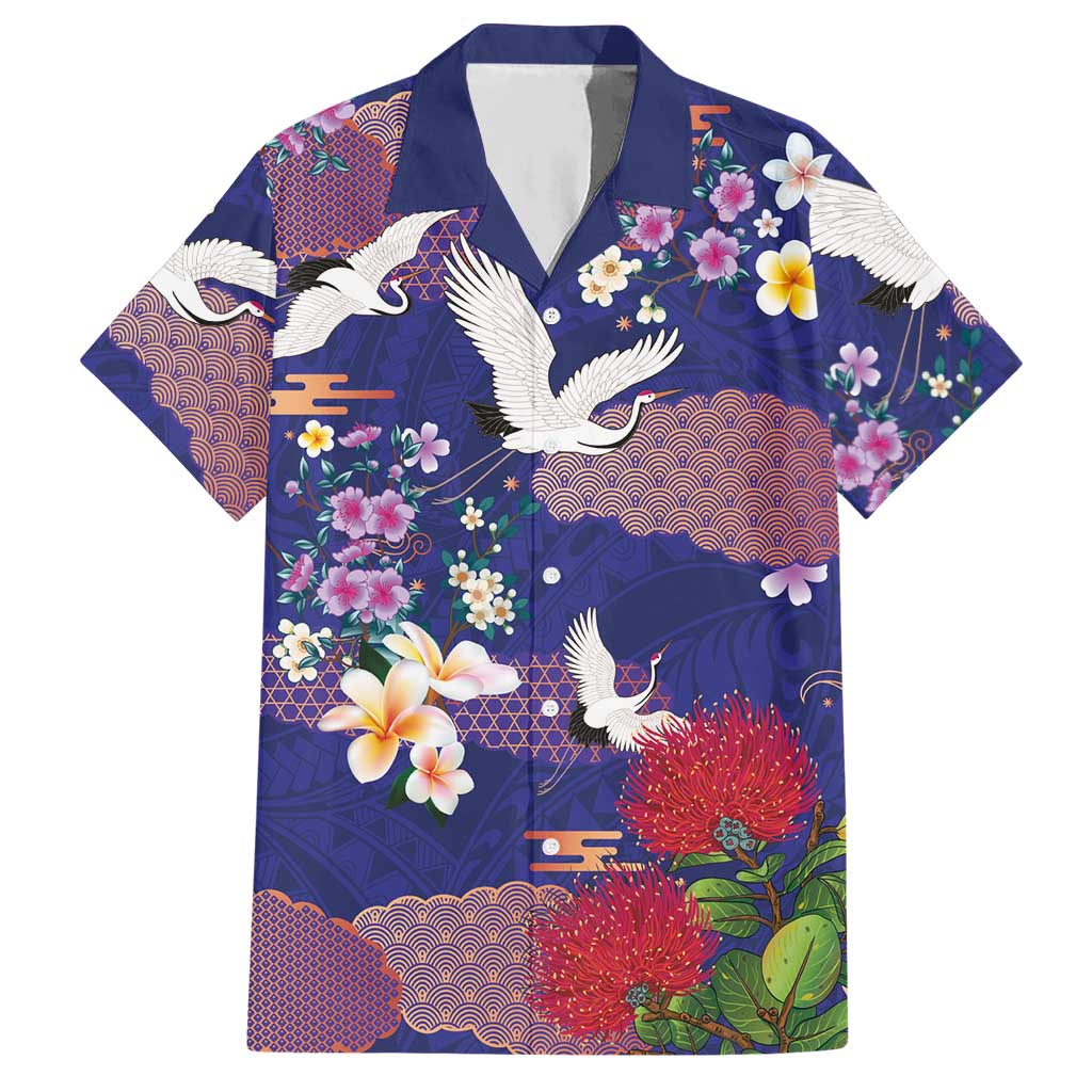 Hawaiian and Japanese Culture Together Hawaiian Shirt Blue Ohia Lehua Plumeria and Sakura Blooming - Polynesian Pride