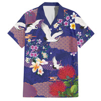 Hawaiian and Japanese Culture Together Hawaiian Shirt Blue Ohia Lehua Plumeria and Sakura Blooming - Polynesian Pride