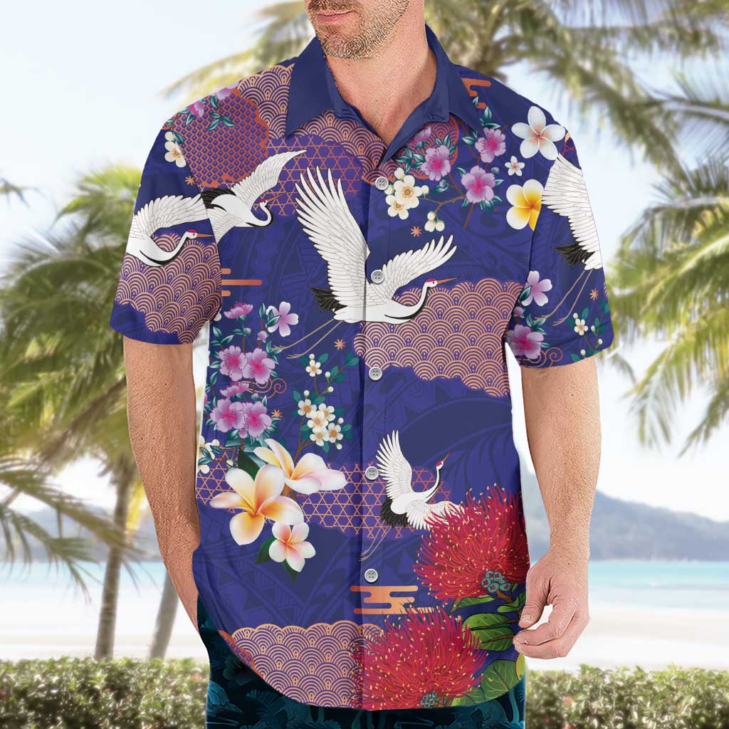 Hawaiian and Japanese Culture Together Hawaiian Shirt Blue Ohia Lehua Plumeria and Sakura Blooming - Polynesian Pride
