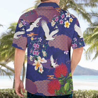 Hawaiian and Japanese Culture Together Hawaiian Shirt Blue Ohia Lehua Plumeria and Sakura Blooming - Polynesian Pride