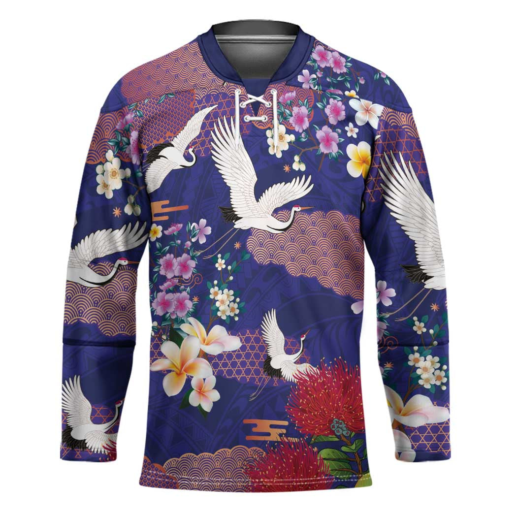 Hawaiian and Japanese Culture Together Hockey Jersey Blue Ohia Lehua Plumeria and Sakura Blooming - Polynesian Pride