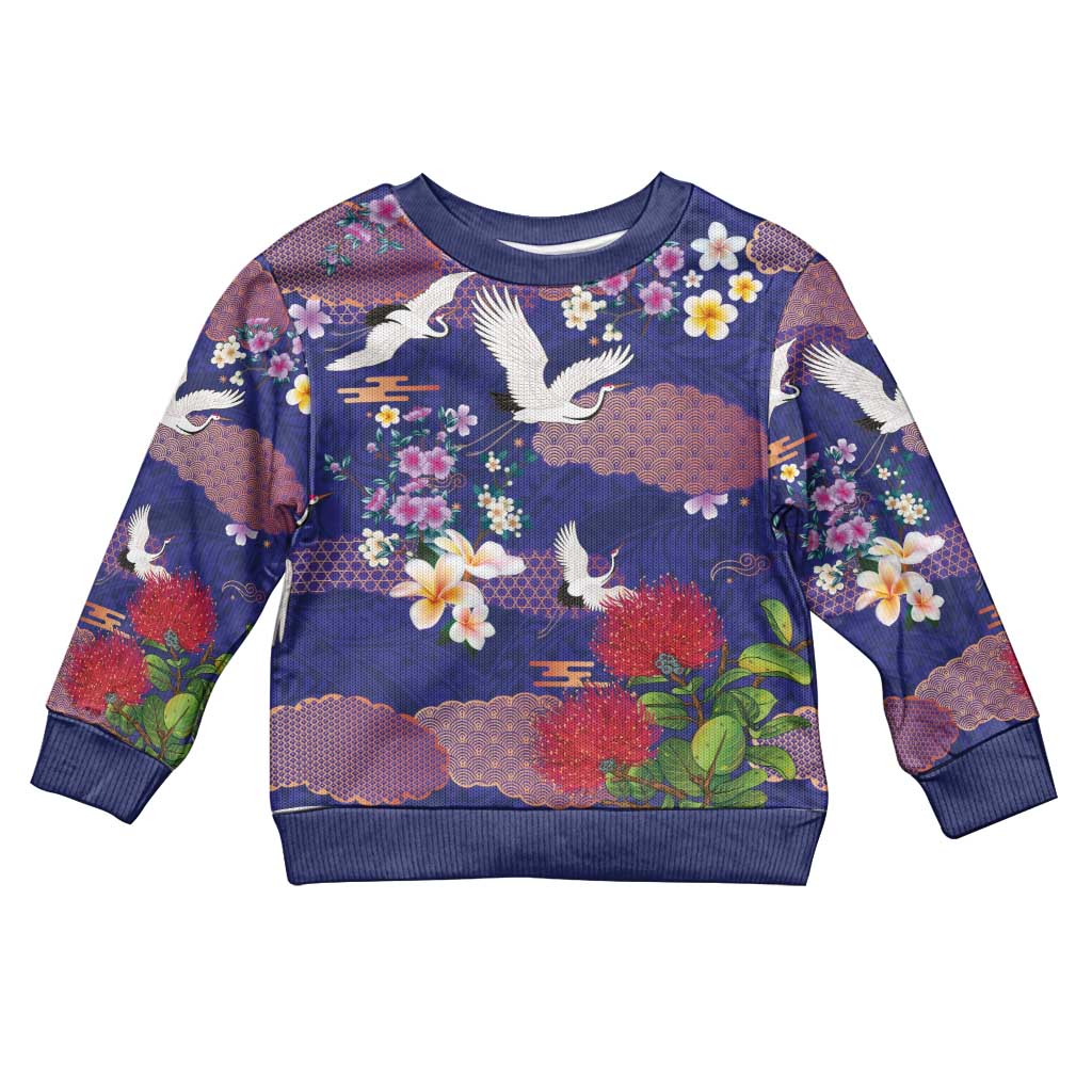 Hawaiian and Japanese Culture Together Kid Ugly Christmas Sweater Blue Ohia Lehua Plumeria and Sakura Blooming - Polynesian Pride