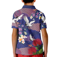 Hawaiian and Japanese Culture Together Kid Polo Shirt Blue Ohia Lehua Plumeria and Sakura Blooming - Polynesian Pride