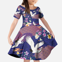 Hawaiian and Japanese Culture Together Kid Short Sleeve Dress Blue Ohia Lehua Plumeria and Sakura Blooming - Polynesian Pride