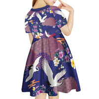 Hawaiian and Japanese Culture Together Kid Short Sleeve Dress Blue Ohia Lehua Plumeria and Sakura Blooming - Polynesian Pride