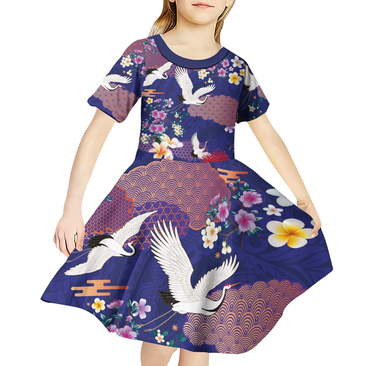 Hawaiian and Japanese Culture Together Kid Short Sleeve Dress Blue Ohia Lehua Plumeria and Sakura Blooming - Polynesian Pride