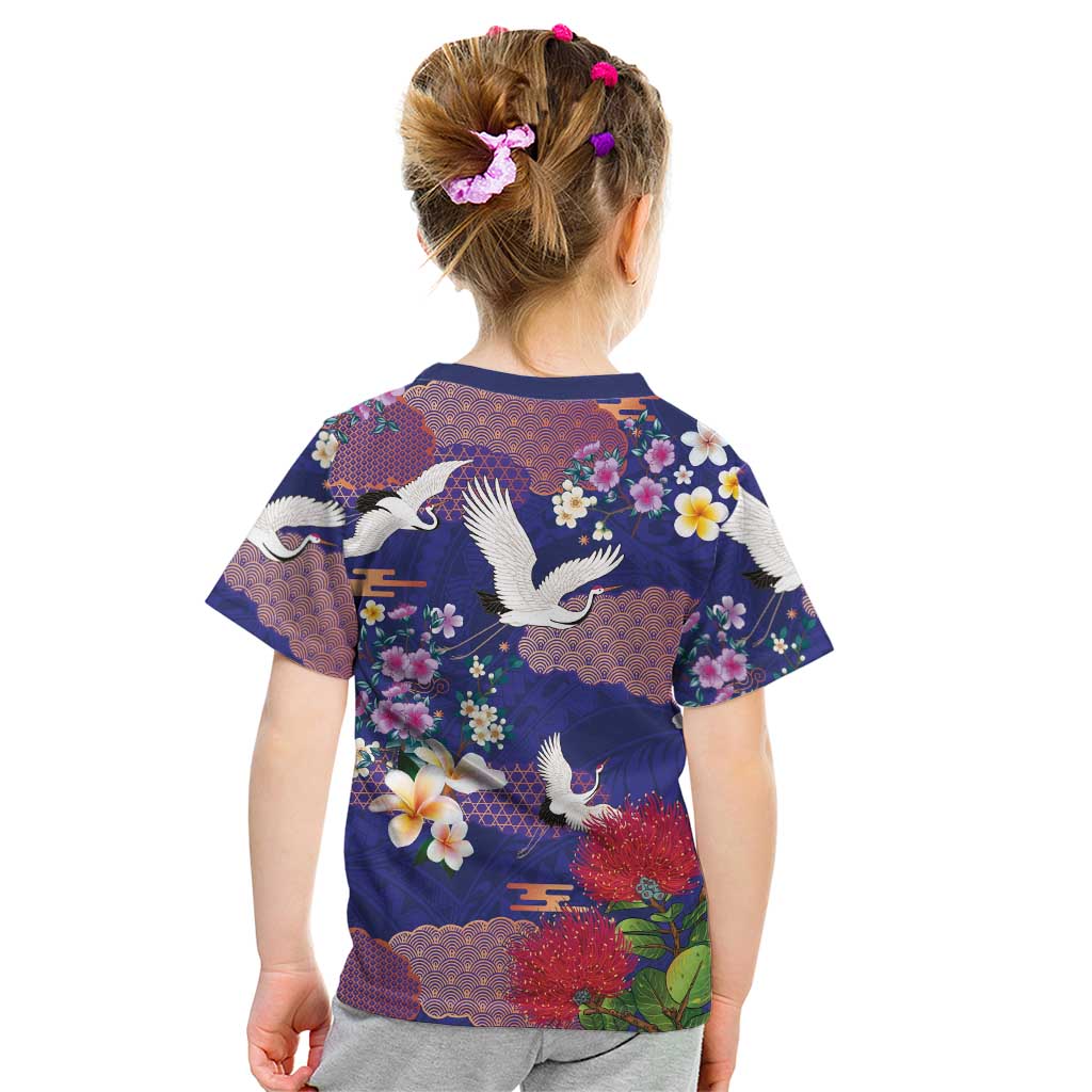 Hawaiian and Japanese Culture Together Kid T Shirt Blue Ohia Lehua Plumeria and Sakura Blooming - Polynesian Pride