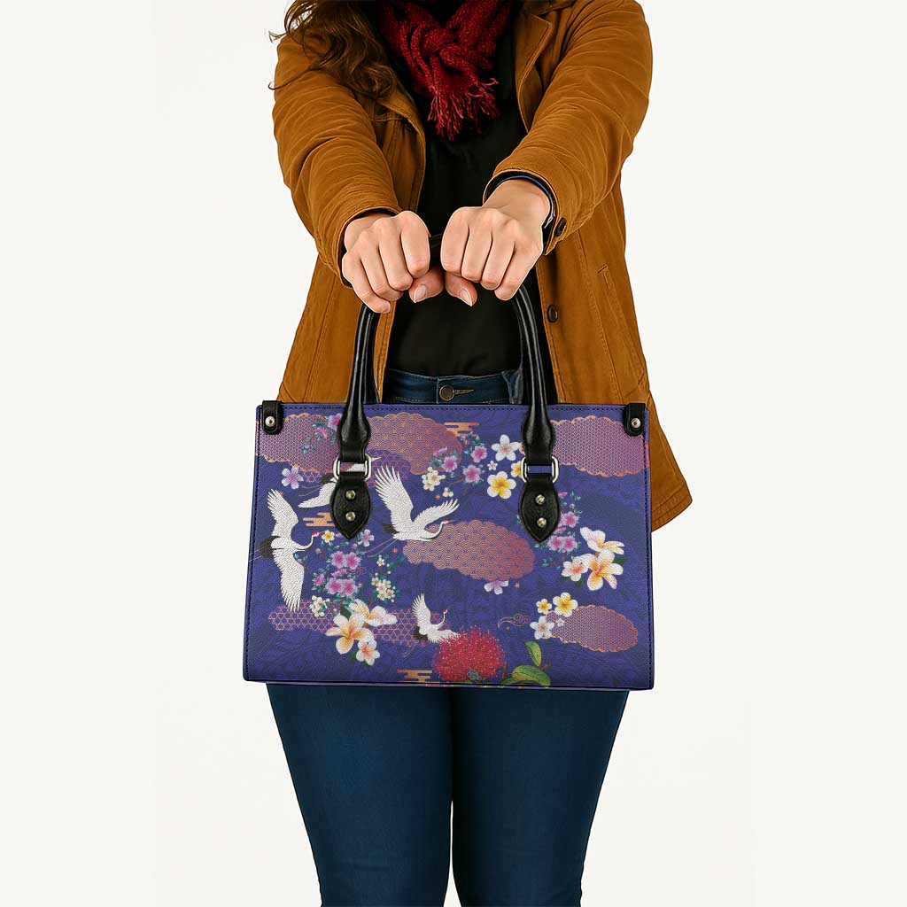 Hawaiian and Japanese Culture Together Leather Bag Blue Ohia Lehua Plumeria and Sakura Blooming - Polynesian Pride