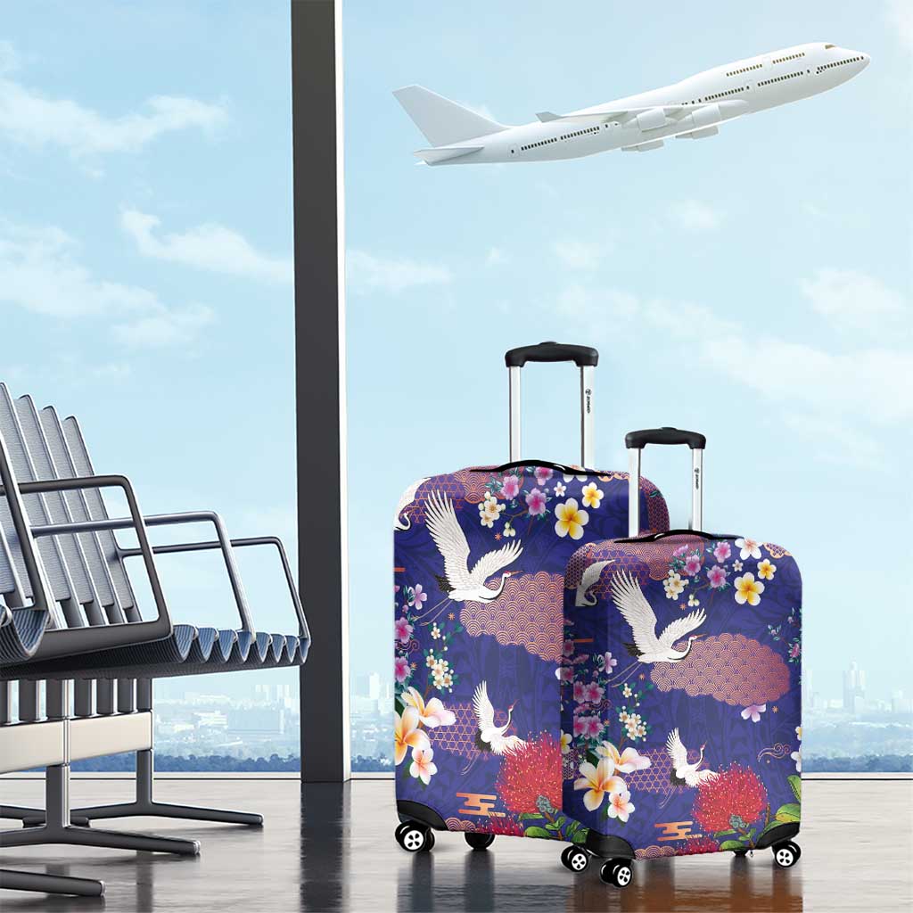 Hawaiian and Japanese Culture Together Luggage Cover Blue Ohia Lehua Plumeria and Sakura Blooming - Polynesian Pride