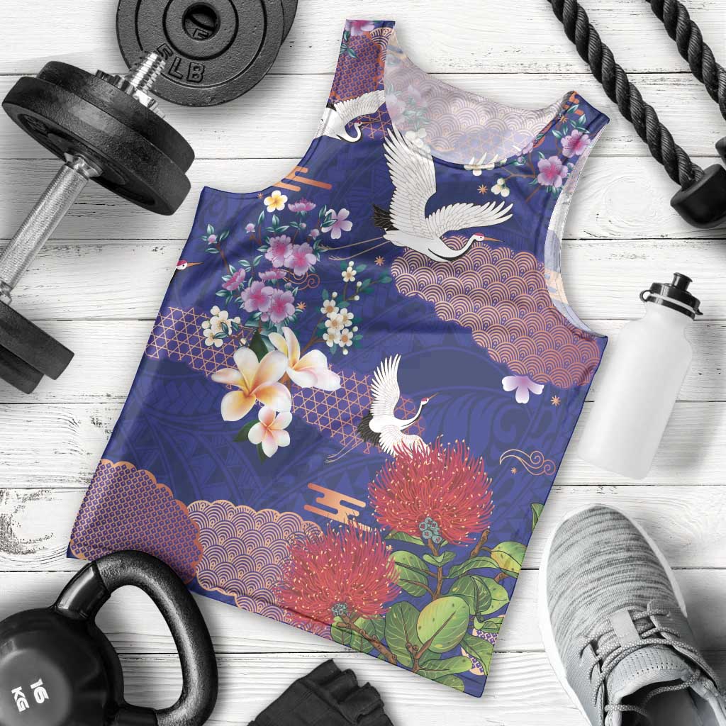 Hawaiian and Japanese Culture Together Men Tank Top Blue Ohia Lehua Plumeria and Sakura Blooming LT03 - Polynesian Pride