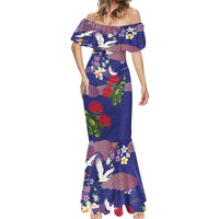 Hawaiian and Japanese Culture Together Mermaid Dress Blue Ohia Lehua Plumeria and Sakura Blooming - Polynesian Pride