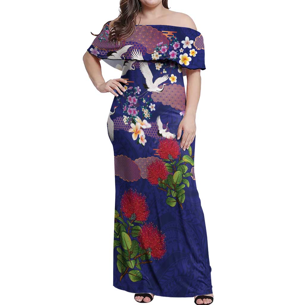 Hawaiian and Japanese Culture Together Off Shoulder Maxi Dress Blue Ohia Lehua Plumeria and Sakura Blooming - Polynesian Pride