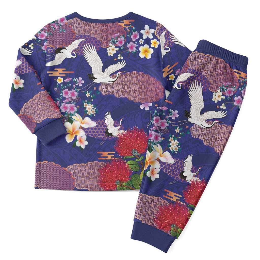 Hawaiian and Japanese Culture Together Christmas Pajama Set Blue Ohia Lehua Plumeria and Sakura Blooming - Polynesian Pride